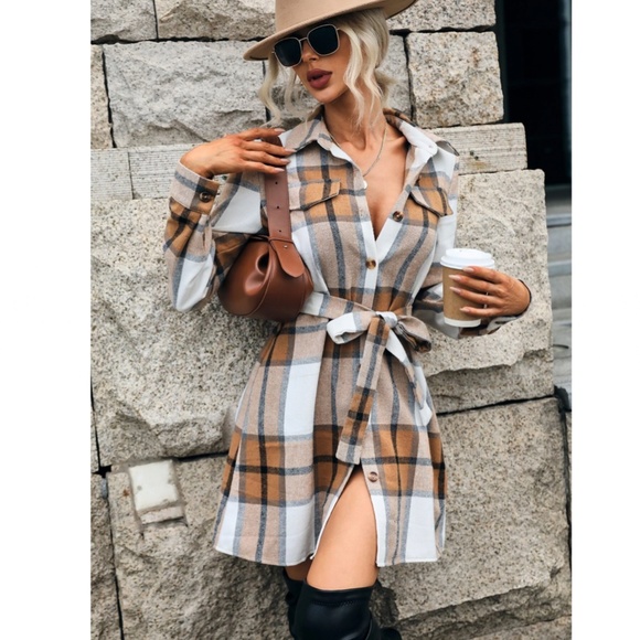 Plaid Long Sleeve Button Front Tie Belted Short Shirt Style Dress - Picture 4 of 10